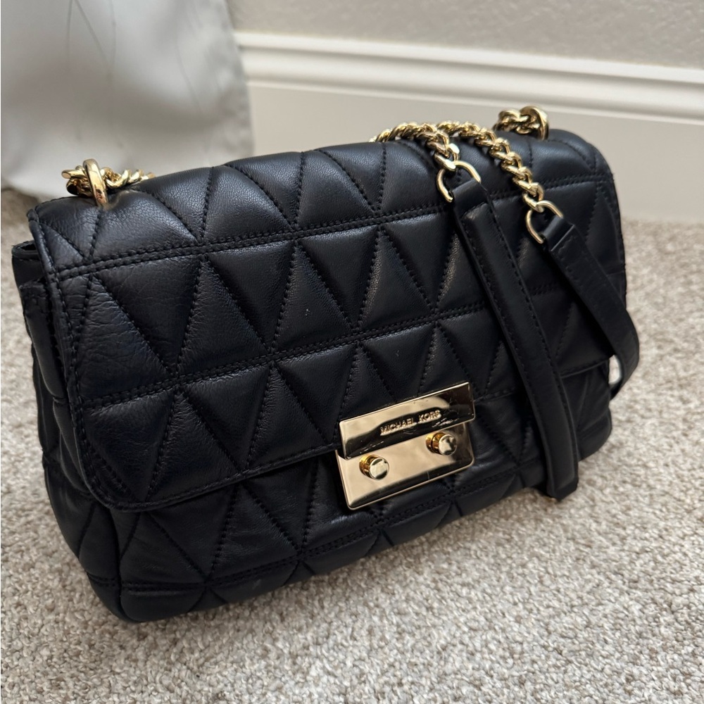 Michael Kors Black Quilted Shoulder Bag with Gold Accents